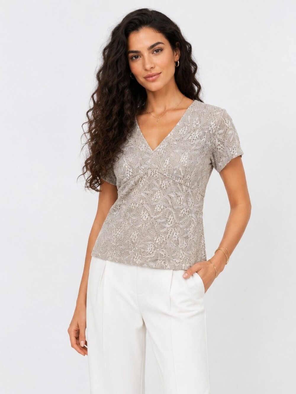 Banana Republic Size 4 Taupe Floral Lace V Neck Short Sleeve Blouse